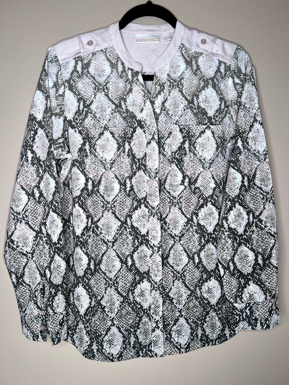 Belle by Kim Gravel Snakeskin Button Down Shirt Small S Suede Trim Blouse